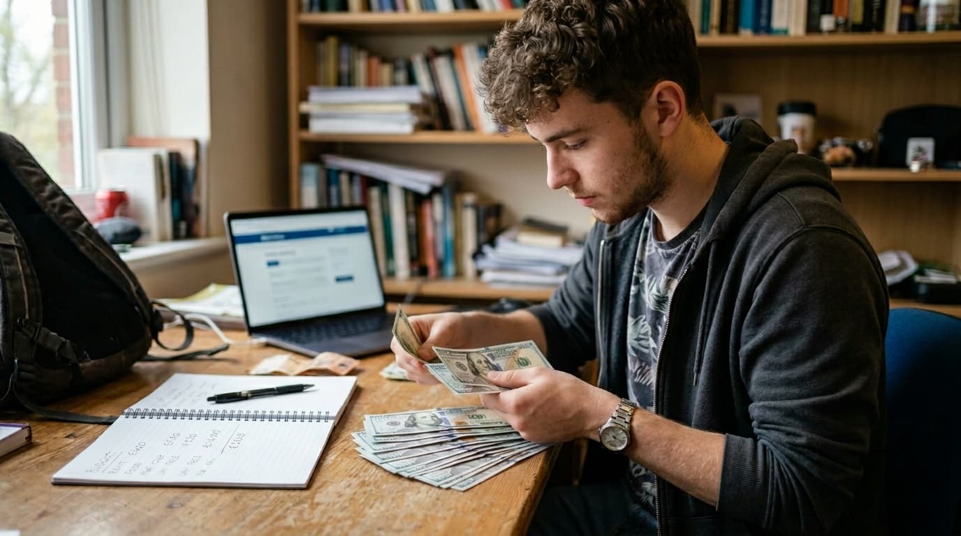 Person at a desk with a laptop, notebook, and cash, focused on budgeting